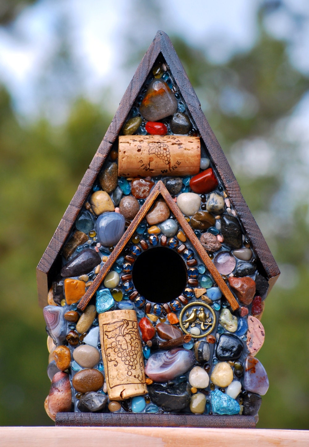 Mosaic Garden Birdhouse with colorful stones and Wine corks