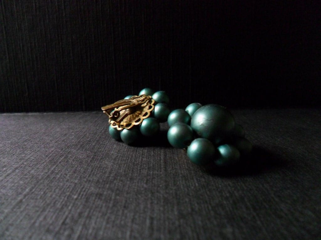 pair of vintage teal pearl clip ons . vintage teal . faux pearl