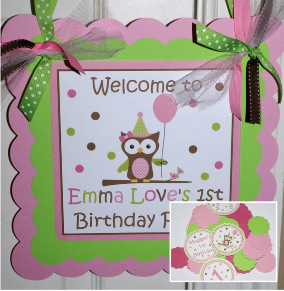Birthday Girl Owl Welcome Door Sign & Personalized Confetti by The Party Paper Fairy