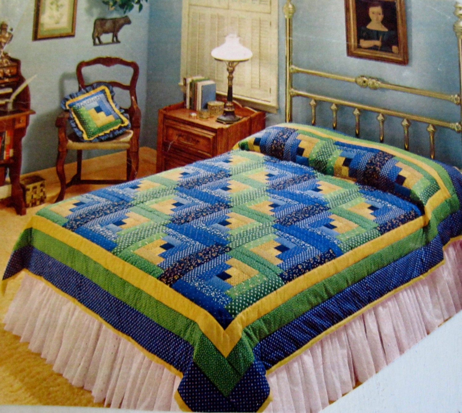 quilt-kit-queen-log-cabin-size-82-x-96-blue-green-yellow