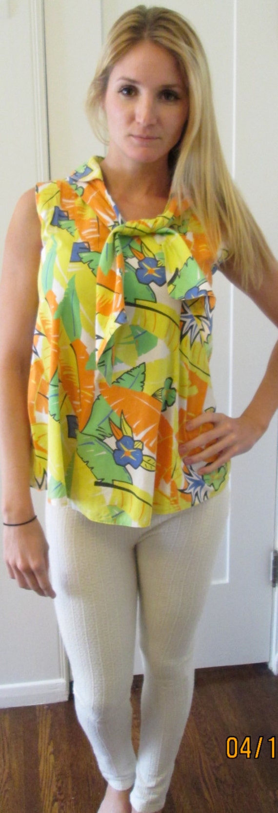 70s Swing Shirt Women / Orange Yellow Green Boho Cotton