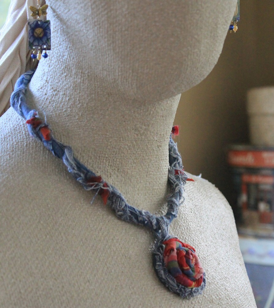 Textile necklace Fabric necklace Boho necklace denim