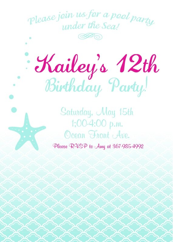DIY Mermaid Birthday Collection PRINTABLE Party Invitation under the sea teal turquoise pink Il_570xn