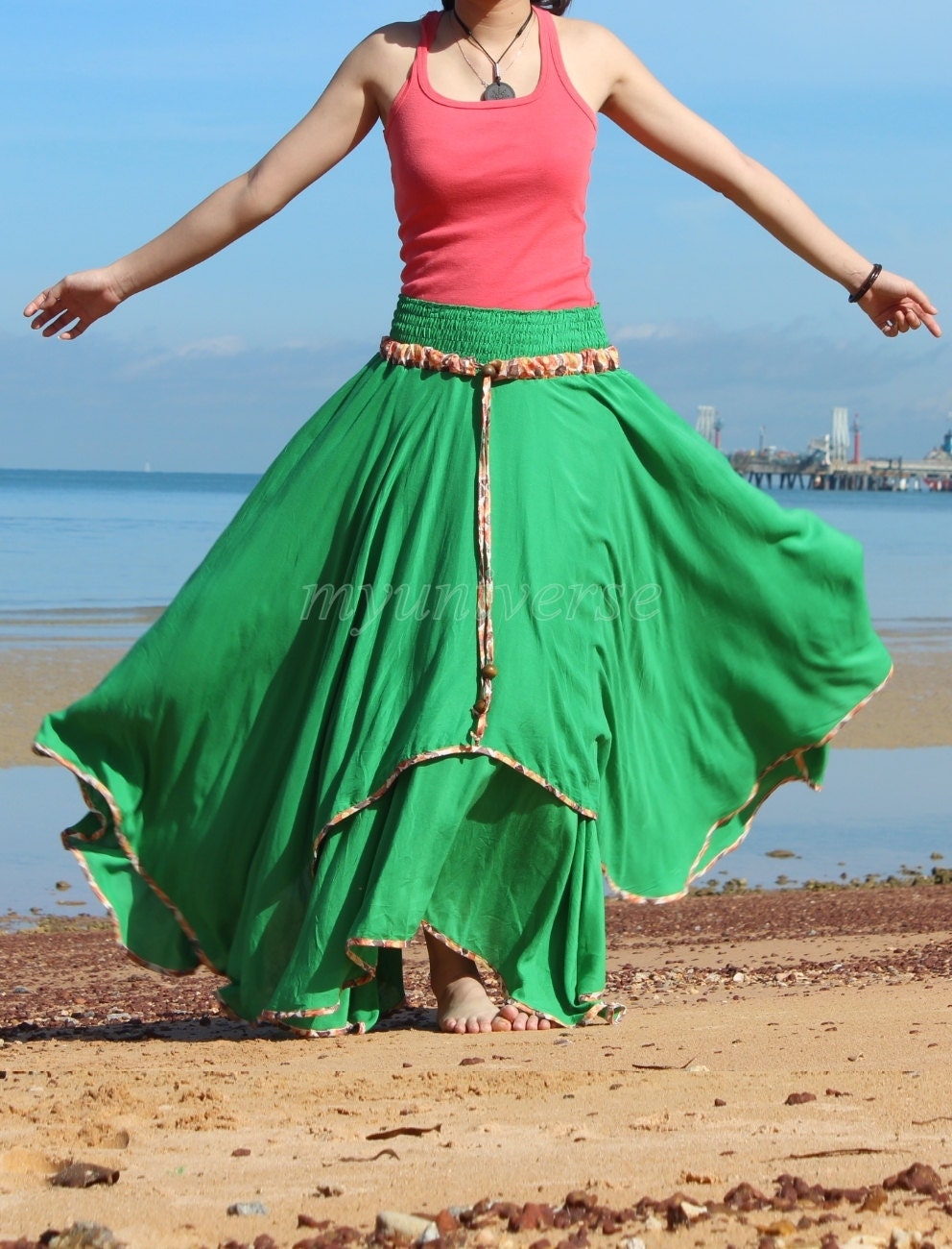 Circle Maxi Skirt Cotton Hippie Green Women Long Skirt / Wide