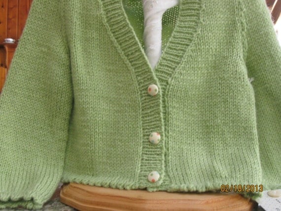 Hand Knitted Toddler Girl Puff Sleeved Pale Green Cardigan/ Cardi Handmade Ready to Ship RTS