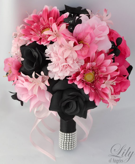 17pcs Wedding Bridal Bouquet Silk Flower Decoration Package PINK FUCHSIA BLACK "Lily of Angeles"