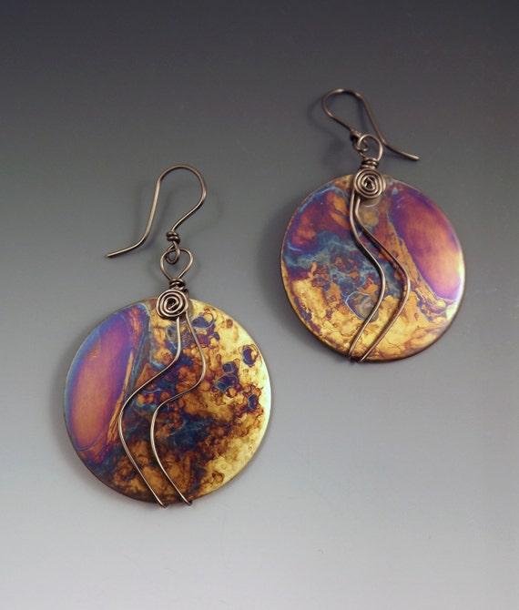 Blue Purple Patina- One of a Kind- Brass Disc Earrings- Large