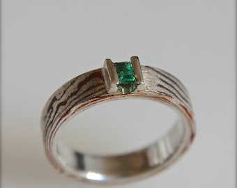 OOAK Silver and copper mokume gane ring with emerald