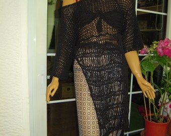 Handmade knitted asymmetrical sweater/beach cover up/eco friendly top in black tape cotton/gift for her by golden yarn