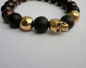 Men's Bracelet - Black Onyx & Tigers Eye Skull Bracelet for Men with Brass Accents