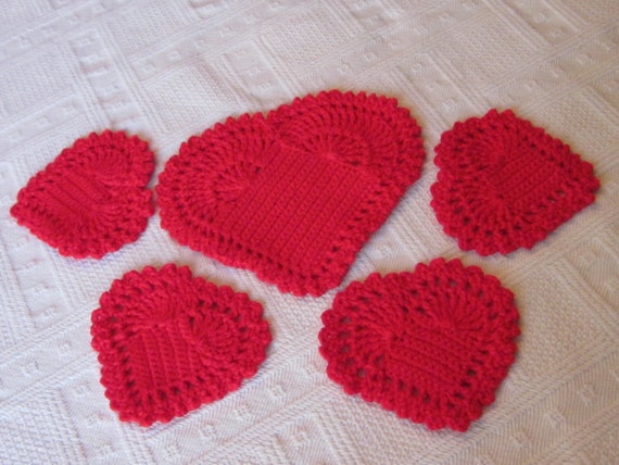 Red Hearts Crochet Coasters Set. Great gift for a someone