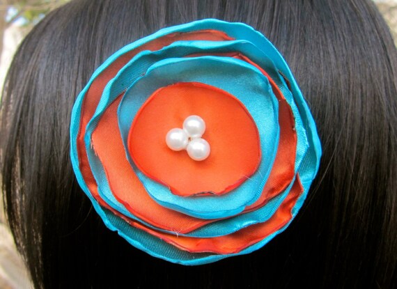SALE - Aqua & Orange Satin Flower Hair Clip with Pearls SALE - Aqua & Orange Satin Flower Hair Clip with Pearls