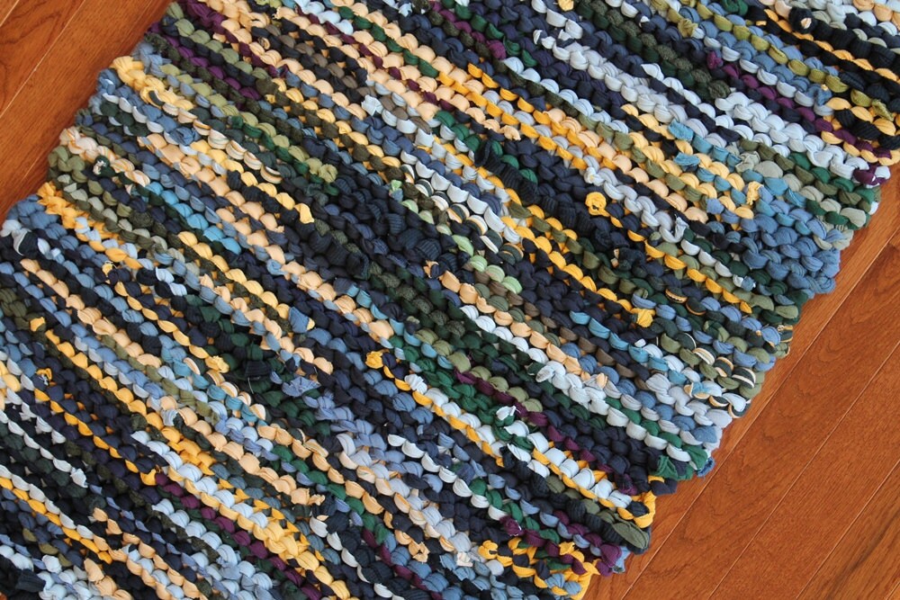 Rag Rug T Shirt Rug Upcycled Knits Sunshine Yellow Navy Green