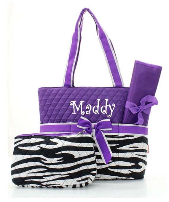 Personalized Zebra and Purple Diaper Bag Set