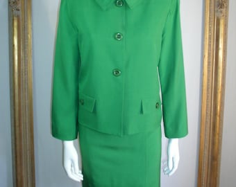 Vintage Branka Klarige Green Silk Sheath Dress & Jacket Set - Size 14