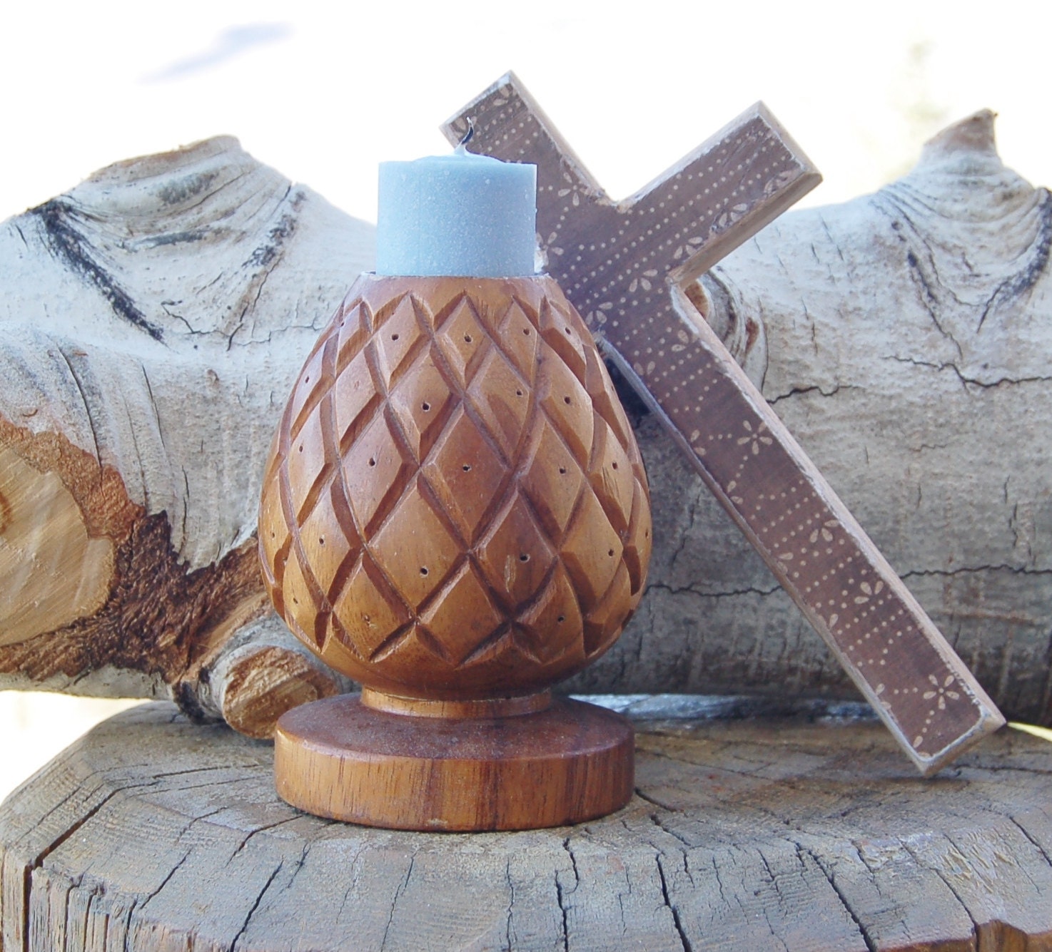 Vintage Wood Pineapple Candle Holder American Colonial