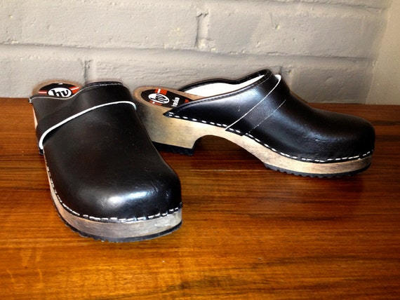 Men's Swedish Clogs Black Leather Wood Sole Rubber by elliemayhems