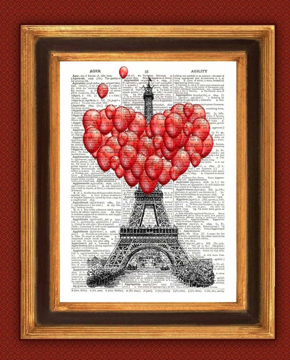 Items similar to Love in Paris at Eiffel Tower Print, Dictionary art ...