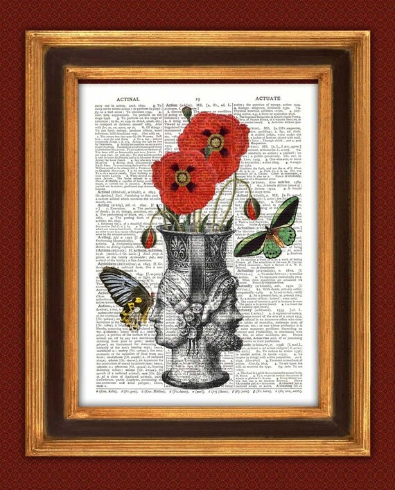 Items similar to Dictionary Print two headed vase flower, poppies
