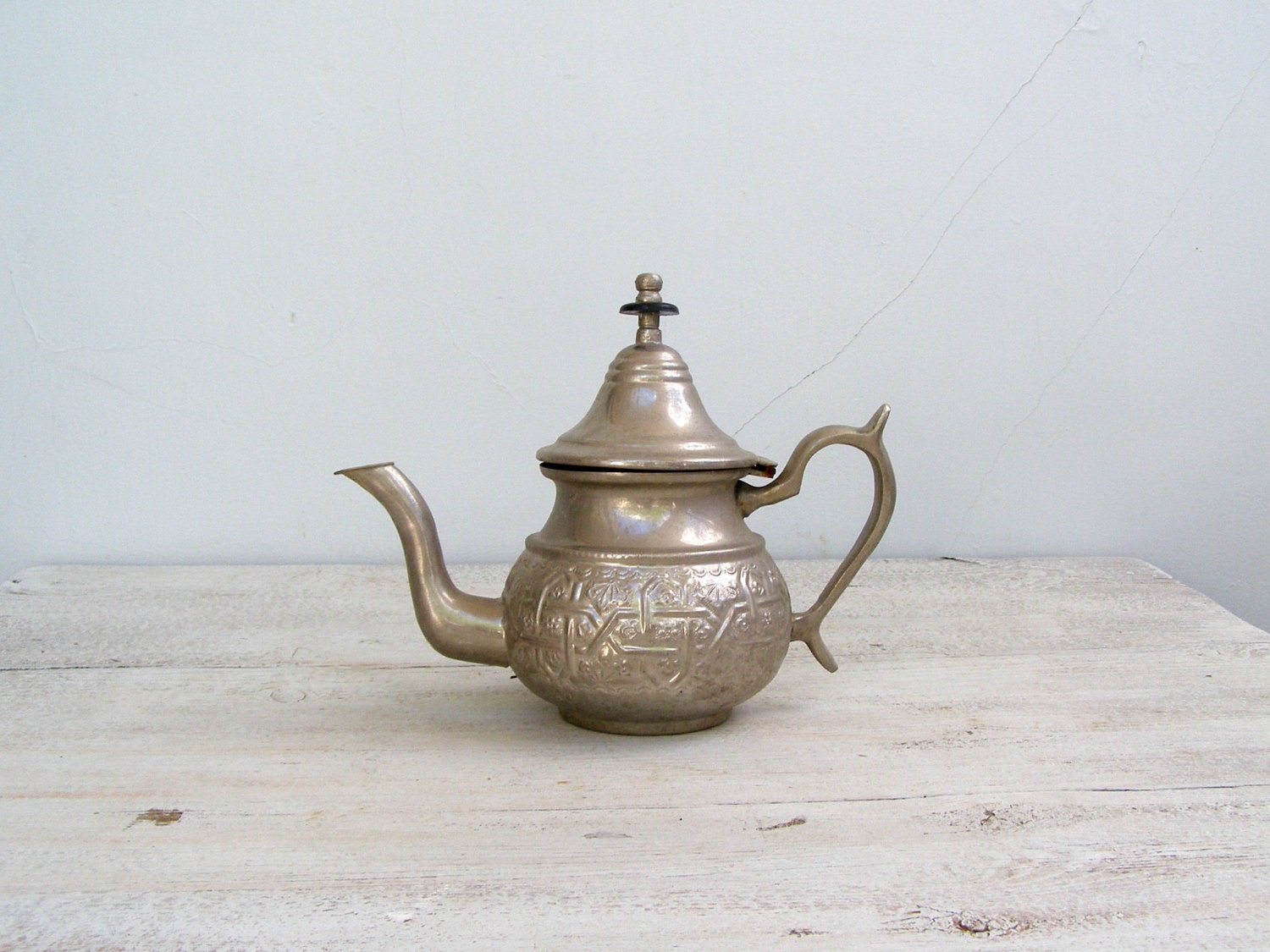 Ornate Oriental Teapot Silver shade pitcher Vintage teapot