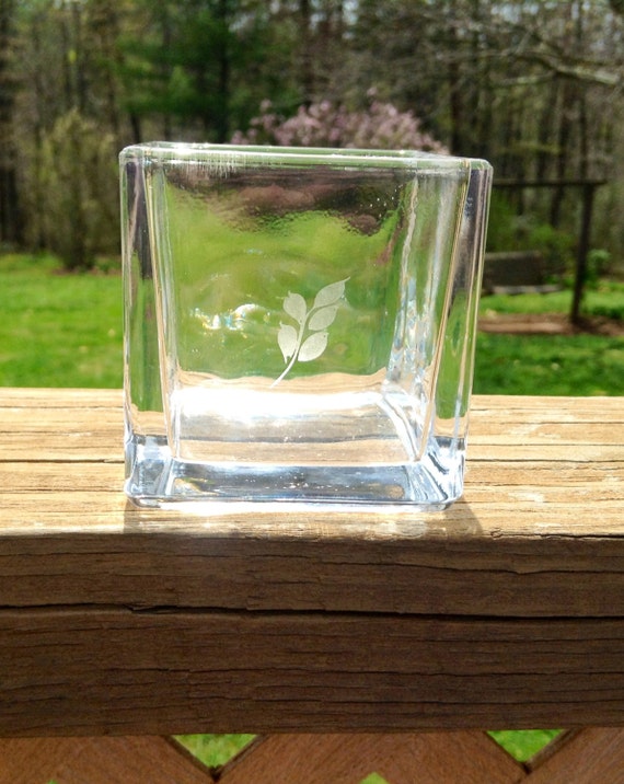 Hand Etched Glass Cube Candle Holder
