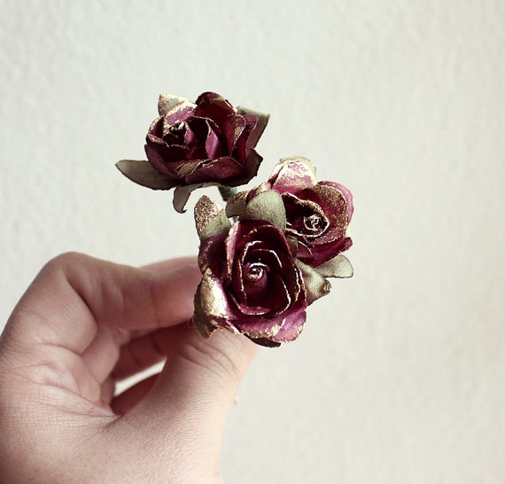 Dark Rose and Gold Flower Hair Pins. Paper Flowers