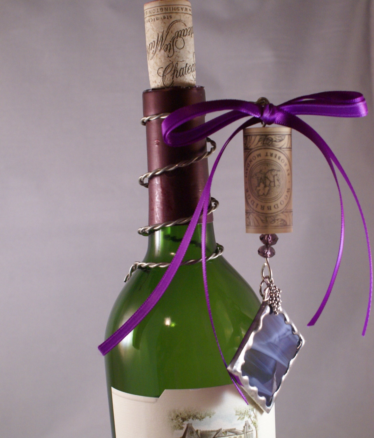 Wine Bottle Embellishment Cork Ornament with Grape Wispy
