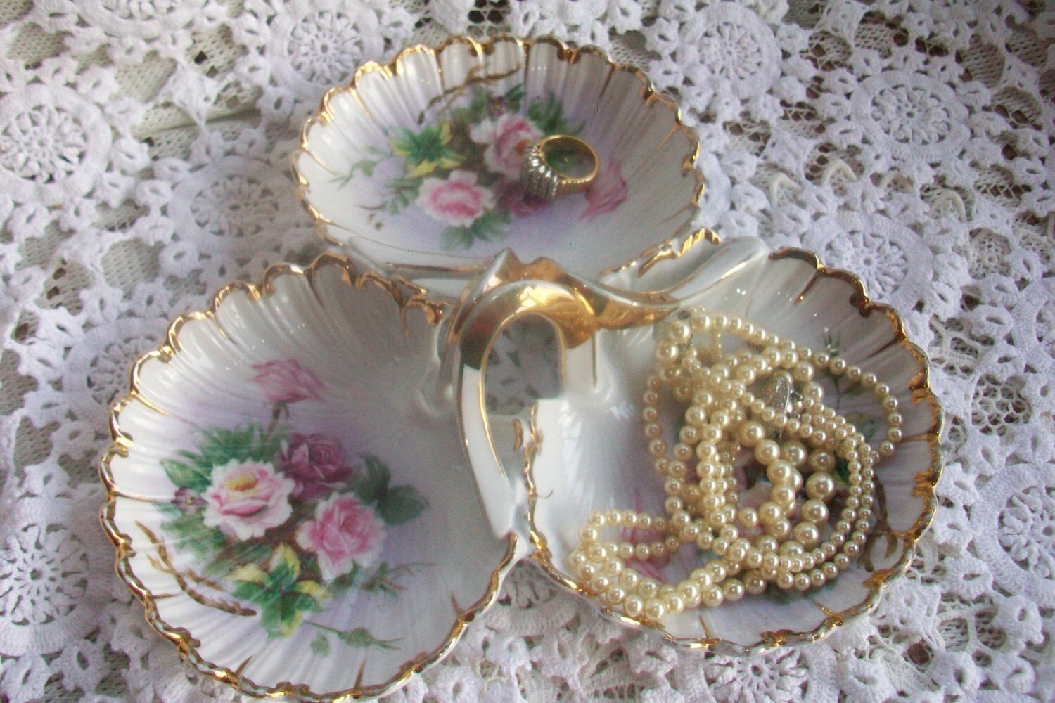 Vintage Porcelain Jewelry Dish Elegant Roses Floral French
