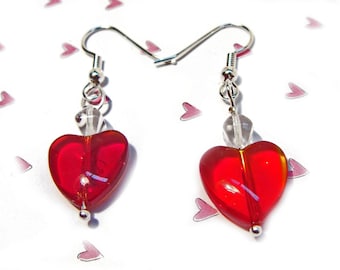Red Heart Dangle Earrings with Crystal Beads