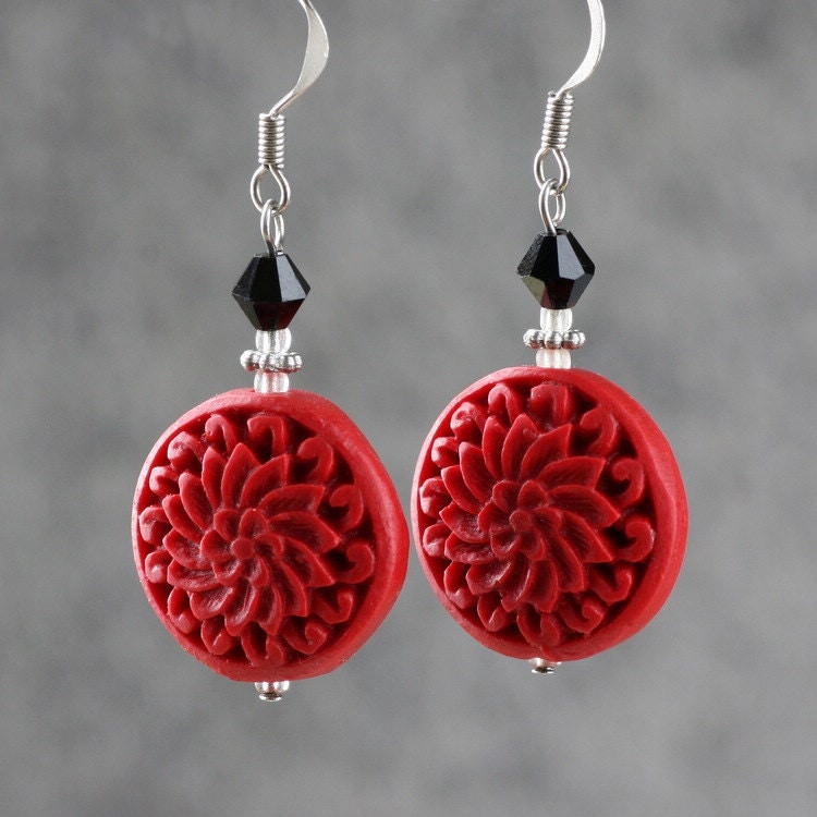 Red lacquer flower Chinese drop earrings Bridesmaids gifts