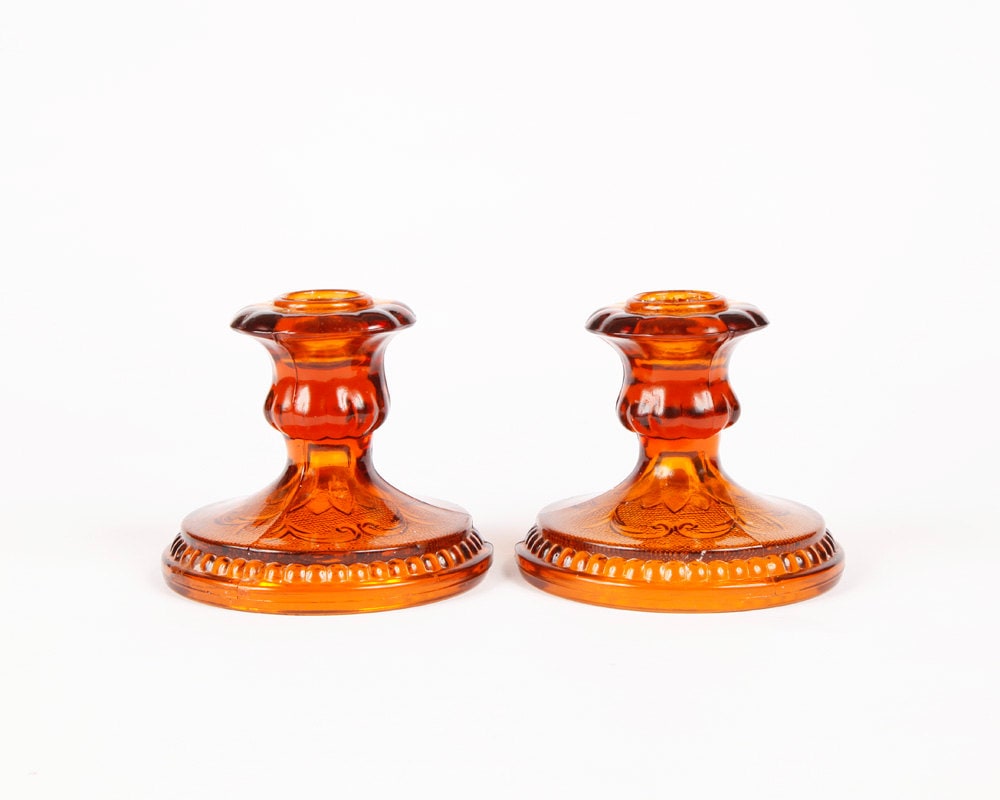 Amber Glass Candle Holders Pair Home Decor by TwoStoryVintage