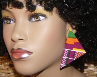 Large Triangle Stud Earrings - Fabric Covered Wood Earrings