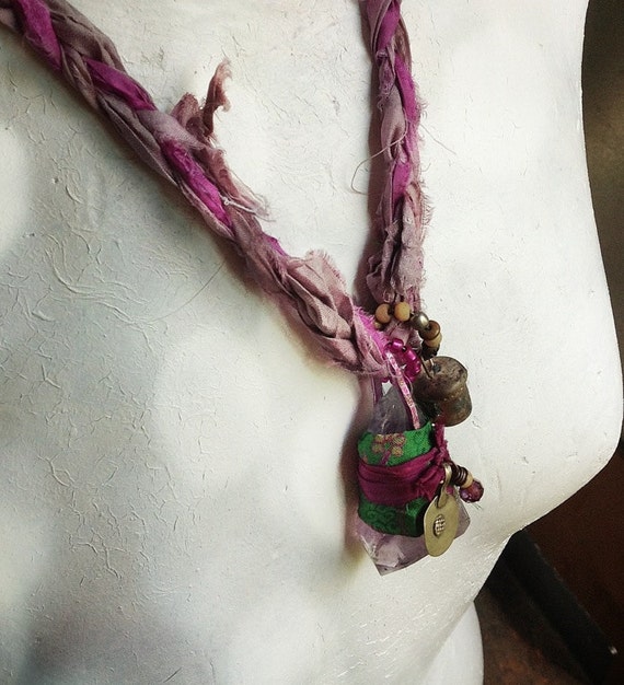 Rustic gypsy silk wrapped amethyst necklace with bell and