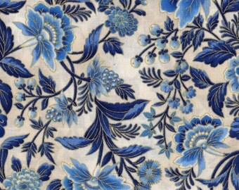 Floral Fabric, Blue and White Floral Fabric, Metallic Fabric, Blue ...