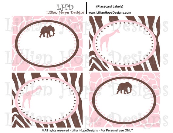 Safari Girls Baby Shower - Pink and Brown Baby Shower - PRINTABLE Place Card and Tent Card Labels Il_570xn