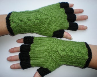 Hand-knitted green and black color women fingerless gloves