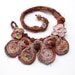 Statement bib necklace, knitted, with bamboo and textile beads, brown maroon beige, OOAK