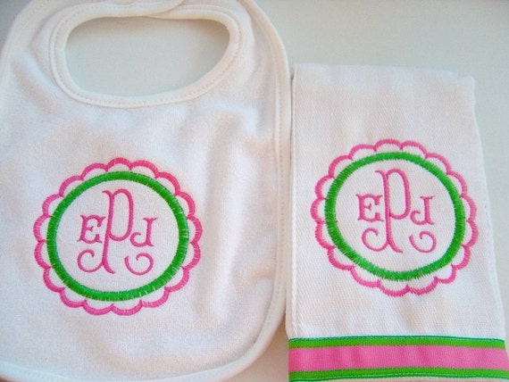 Baby Girl Bib and Burp Cloth Set Hot Pink and Green