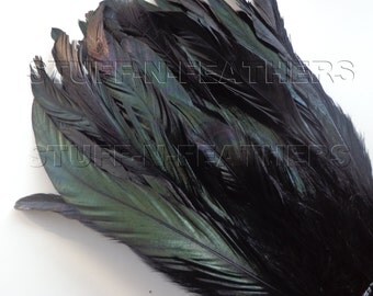 IRIDESCENT Black Coque feathers, rooster tail feathers strung, real feather for millinery, costumes, crafts / 8-10 in (20-25cm) long / F56-8