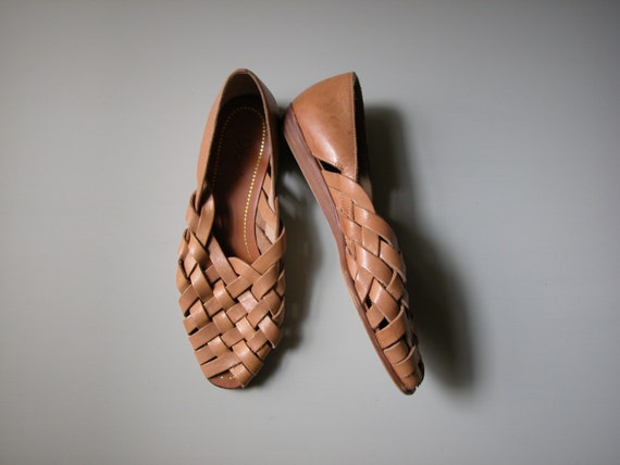 Vintage Tan Woven Leather Sandals  9 West Leather Shoes Size 8.5