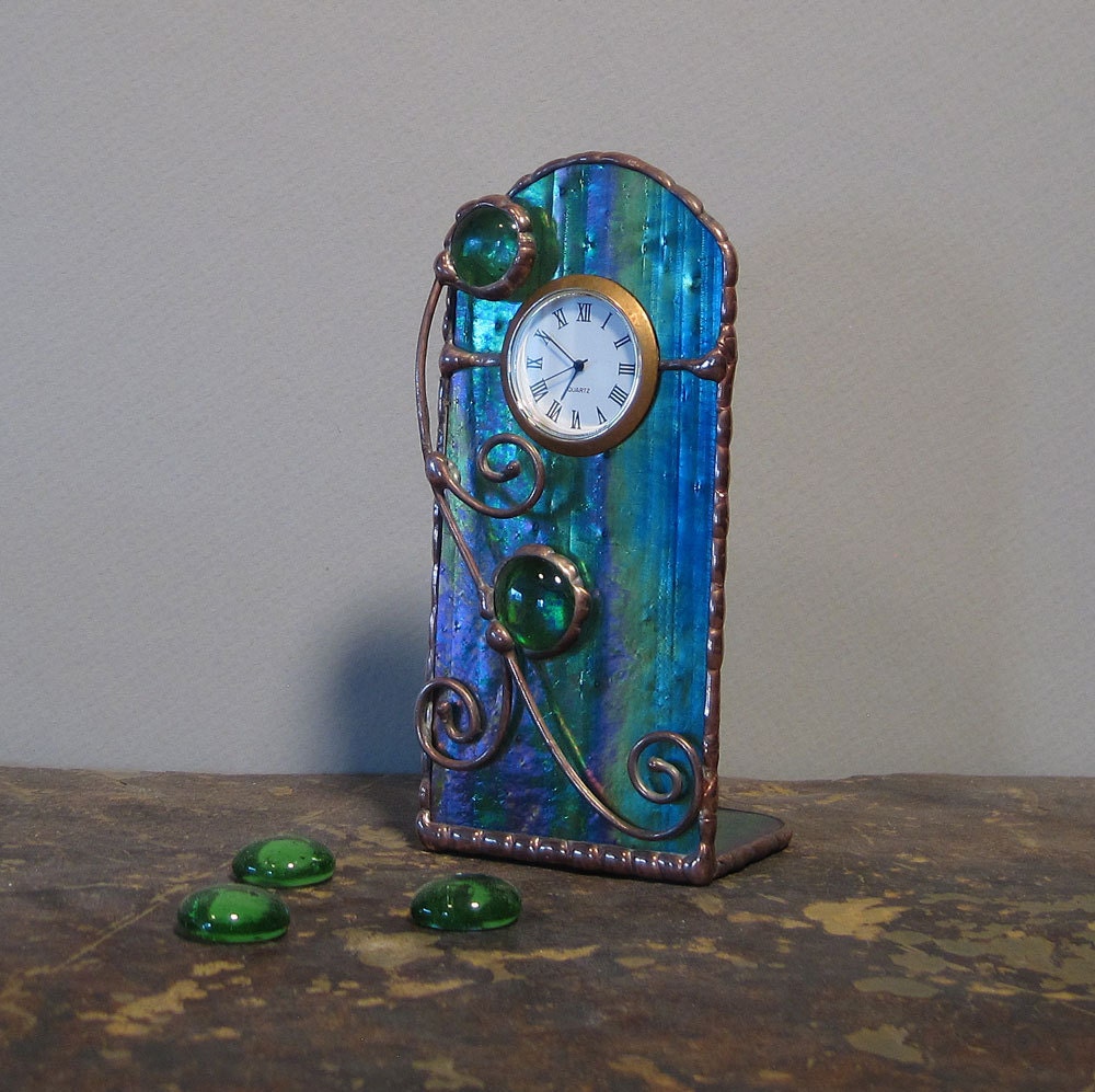 Unique Stained Glass Desk Clock Blue Green Purple and Gold