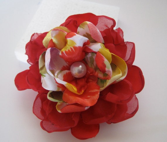 Red Satin Print and Chiffon Fabric Flower Hair Clip Pin/Brooch