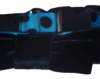 Large to XL Dog Collar - Blue with Black Spots with great Bow Tie