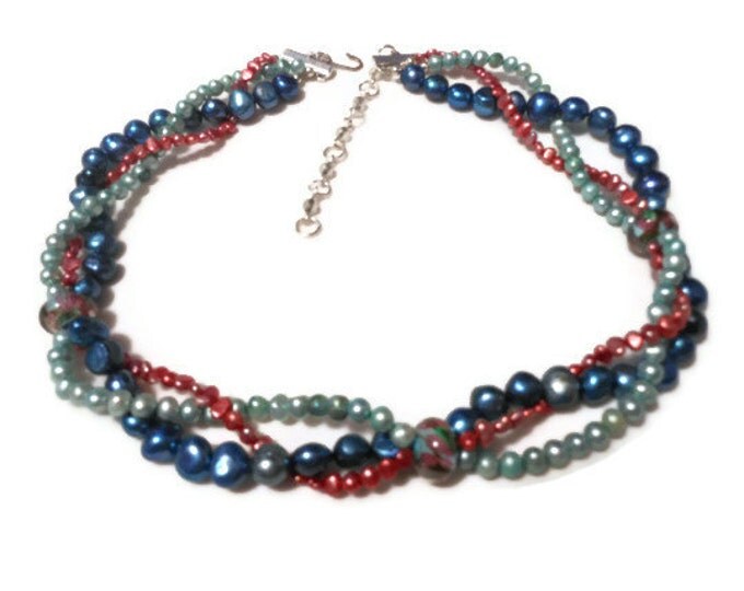 Freshwater Cultured Pearl necklace, Colorful 3 strand twisted necklace with extender, handmade