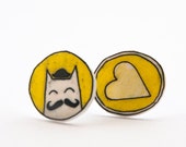 yellow cat & heart earrings - shrink plastic