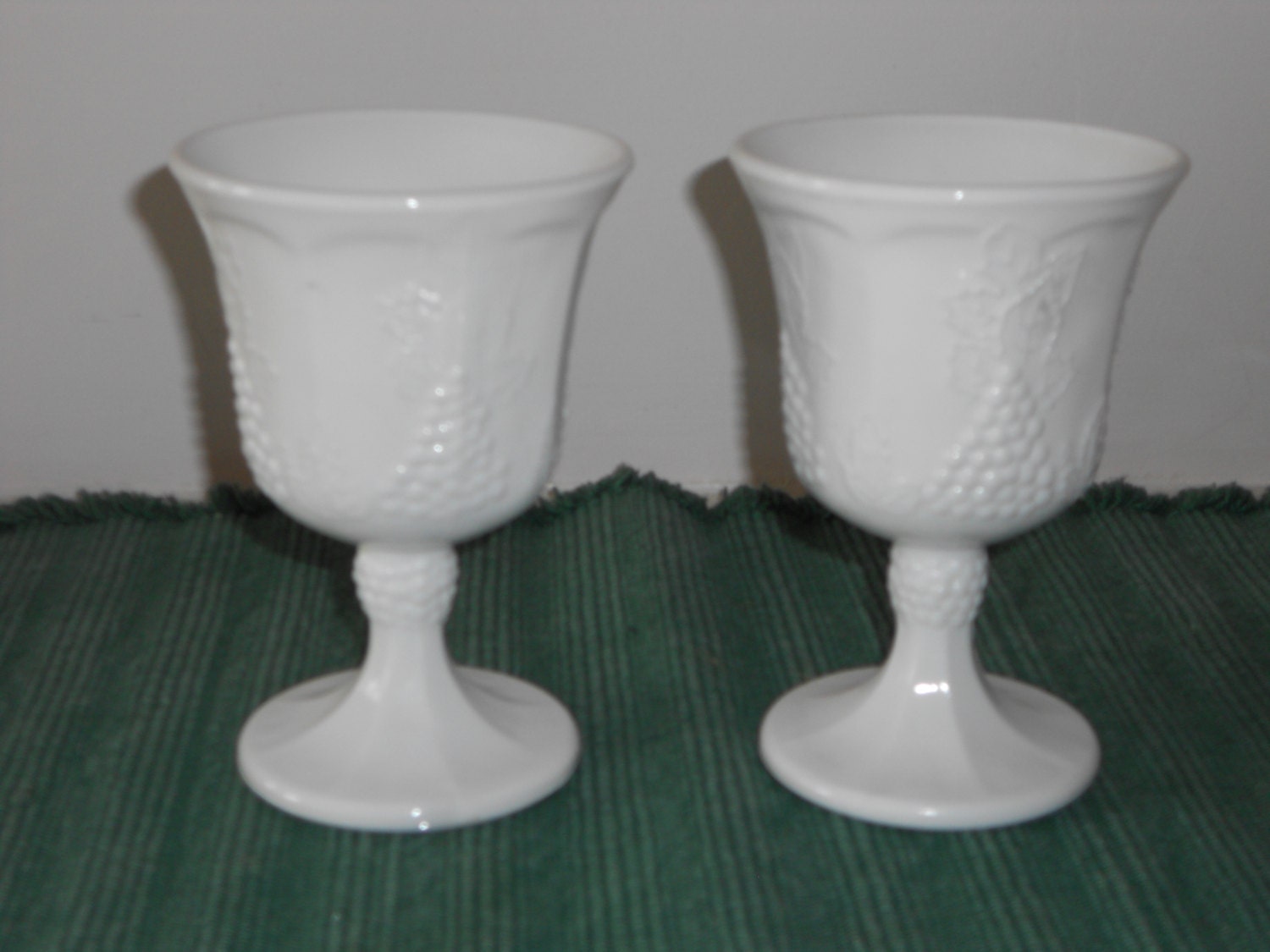 Set of Two Harvest Grape Pattern Milk Glass Goblets