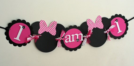 Deluxe Minnie Mouse Highchair Banner, I am 1 Banner, Pink, black and white Il_570xn