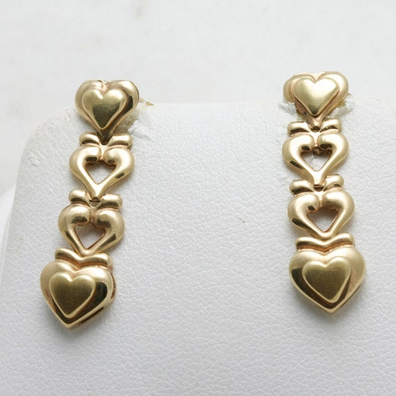 Estate 14k yellow gold HEART earrings long posts matte shiny