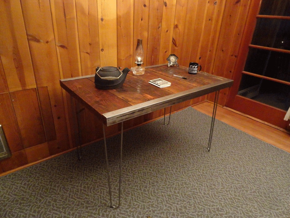 16 x 48 Industrial desk with raw steel trim and by MtHoodWoodWorks