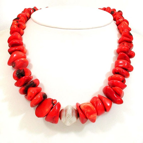 Red Coral Necklace Organic Red Bamboo Coral Chunky Nugget
